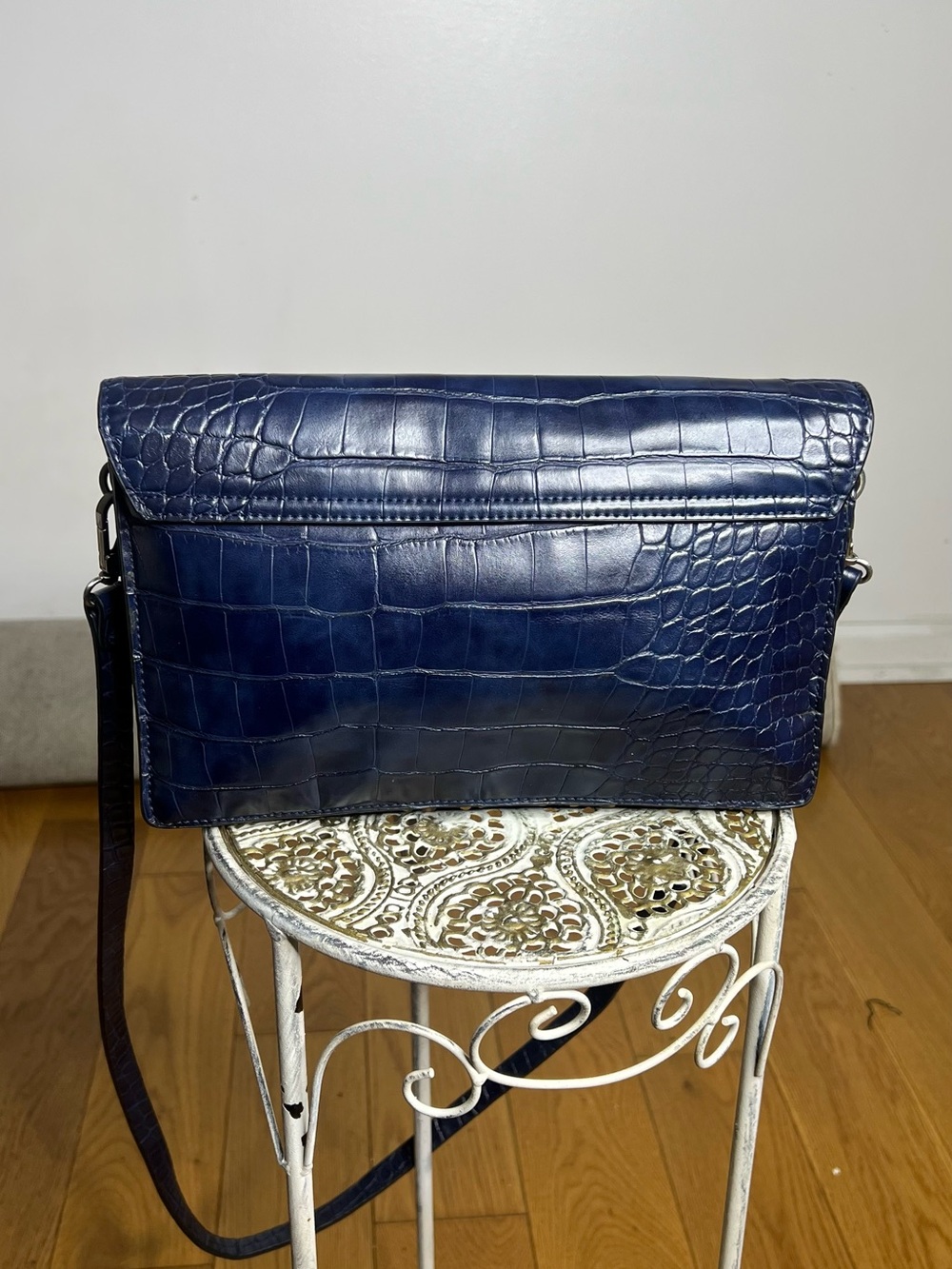 Zara Navy Croc-Embossed Crossbody Bag with Silver Hardware - Picture 3 of 9